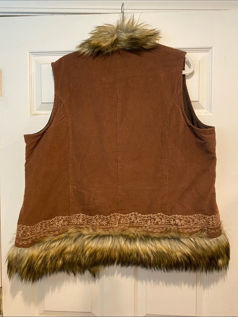 House of Skye Embroidered Corduroy Vest with Faux Fur Trim - Brown